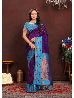 EXCLUSIVA - Women Violet Color Paithani Silk Saree with Unstitched Blouse