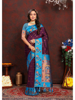 EXCLUSIVA - Women Wine Color Paithani Silk Saree with Unstitched Blouse