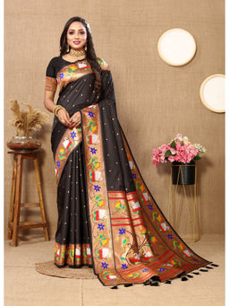 EXCLUSIVA - Women Black Color Paithani Silk Saree with Unstitched Blouse