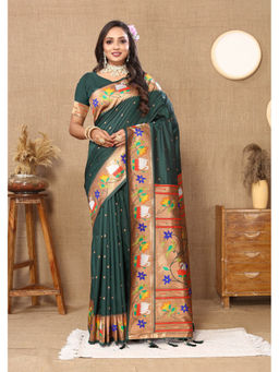 EXCLUSIVA - Women Bottle Green Color Paithani Silk Saree with Unstitched Blouse