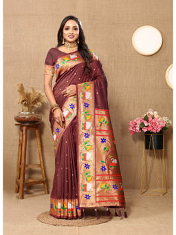 EXCLUSIVA - Women Brown Color Paithani Silk Saree with Unstitched Blouse