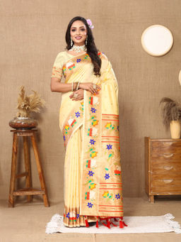 EXCLUSIVA - Women Cream Color Paithani Silk Saree with Unstitched Blouse