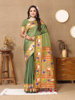 EXCLUSIVA - Women Mahendi Color Paithani Silk Saree with Unstitched Blouse