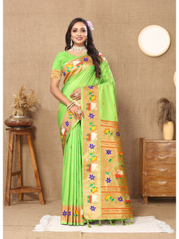 EXCLUSIVA - Women Parrot Color Paithani Silk Saree with Unstitched Blouse