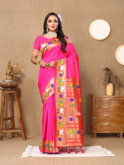 EXCLUSIVA - Women Pink Color Paithani Silk Saree with Unstitched Blouse