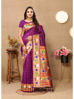EXCLUSIVA - Women Purple Color Paithani Silk Saree with Unstitched Blouse