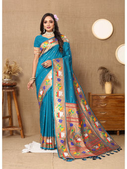 EXCLUSIVA - Women Rama Color Paithani Silk Saree with Unstitched Blouse