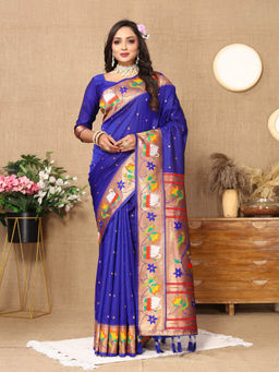 EXCLUSIVA - Women Royal Blue Color Paithani Silk Saree with Unstitched Blouse