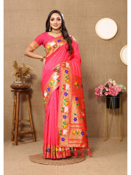 EXCLUSIVA - Women Tommeto Color Paithani Silk Saree with Unstitched Blouse
