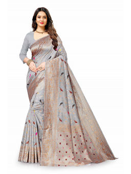 EXCLUSIVA - Women Grey Poly Silk Woven Zari Traditional Saree with Unstitched Blouse