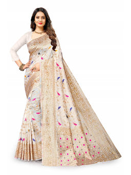 EXCLUSIVA - Women White Poly Silk Woven Zari Traditional Saree with Unstitched Blouse