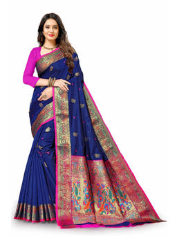 EXCLUSIVA - Women Navy Poly Silk Woven Zari Traditional Saree with Unstitched Blouse