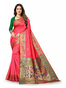 EXCLUSIVA - Women Peach Poly Silk Woven Zari Traditional Saree with Unstitched Blouse