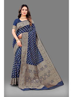 EXCLUSIVA - Women Navy Poly Silk Woven Zari Traditional Saree with Unstitched Blouse