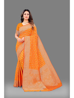 EXCLUSIVA - Women Orange Poly Silk Woven Zari Traditional Saree with Unstitched Blouse