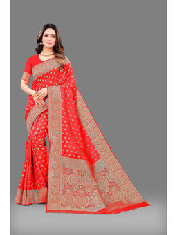 EXCLUSIVA - Women Red Poly Silk Woven Zari Traditional Saree with Unstitched Blouse