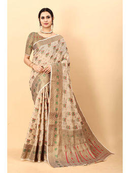 EXCLUSIVA - Women Beige Woven Zari Traditional Saree with Unstitched Blouse
