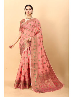 EXCLUSIVA - Women Peach Silk Cotton Woven Zari Traditional Saree with Unstitched Blouse