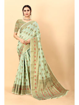 EXCLUSIVA - Women Pista Silk Cotton Woven Zari Traditional Saree with Unstitched Blouse
