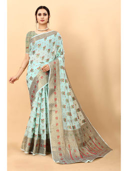 EXCLUSIVA - Women Turquoise Silk Cotton Woven Design Zari Saree with Unstitched Blouse