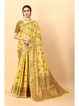 EXCLUSIVA - Women Yellow Silk Cotton Woven Zari Traditional Saree with Unstitched Blouse