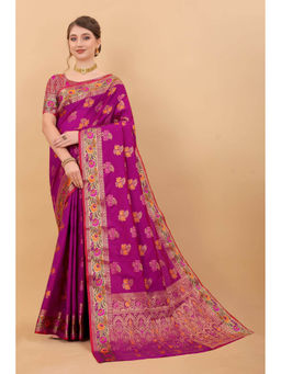 EXCLUSIVA - Women Magenta Poly Silk Woven Zari Traditional Saree with Unstitched Blouse