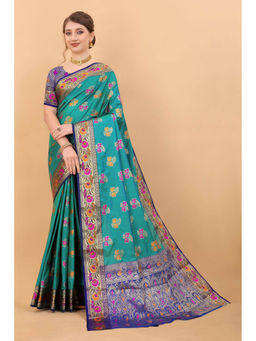 EXCLUSIVA - Women Rama Poly Silk Woven Zari Traditional Saree with Unstitched Blouse