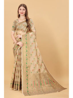 EXCLUSIVA - Women Beige Woven Zari Traditional Saree with Unstitched Blouse