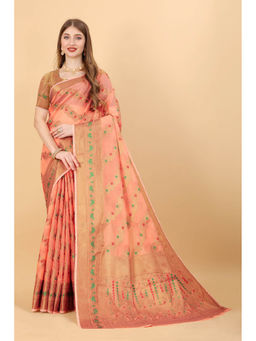 EXCLUSIVA - Women Peach Silk Cotton Woven Zari Traditional Saree with Unstitched Blouse