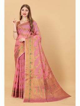 EXCLUSIVA - Women Pink Silk Cotton Woven Zari Traditional Saree with Unstitched Blouse