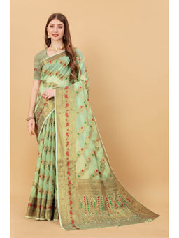 EXCLUSIVA - Women Pista Silk Cotton Woven Zari Traditional Saree with Unstitched Blouse