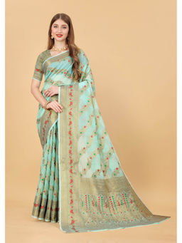 EXCLUSIVA - Women Sea Green Silk Cotton Woven Design Zari Saree with Unstitched Blouse