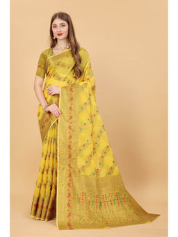 EXCLUSIVA - Women Yellow Silk Cotton Woven Zari Traditional Saree with Unstitched Blouse