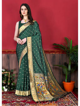 EXCLUSIVA - Women Bottel Green Poly Silk Woven Design Zari Saree with Unstitched Blouse