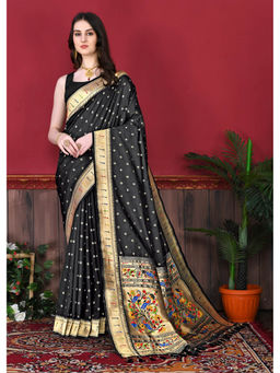EXCLUSIVA - Women Black Poly Silk Woven Zari Traditional Saree with Unstitched Blouse