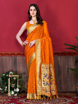 EXCLUSIVA - Women Orange Poly Silk Woven Zari Traditional Saree with Unstitched Blouse