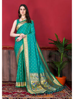 EXCLUSIVA - Women Sea Green Poly Silk Woven Design Zari Saree with Unstitched Blouse