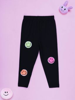 KiddoPanti - Girls Cotton Spandex Multiple Sequin Smiley Badge Solid Leggings