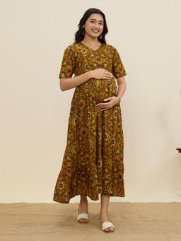 MomToBe - Women's Cotton Mustard Yellow Maternity Dress