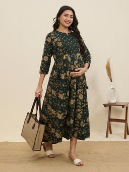 MomToBe - Women's Cotton Forest Green Maternity Dress