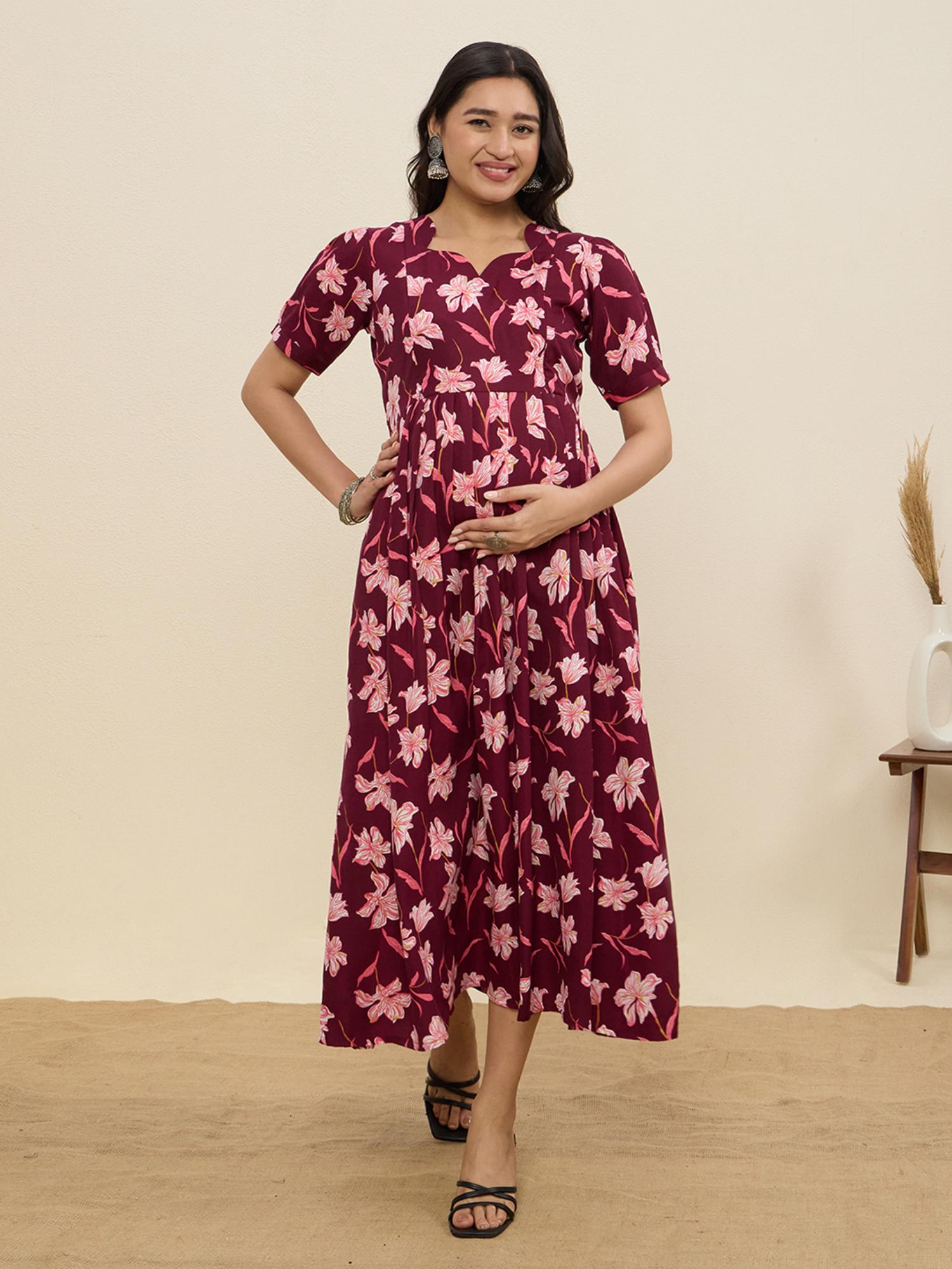 momtobe Women's Cotton Wine Pink Maternity Dress-picture-11