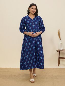 MomToBe - Women's Cotton Navy Blue Maternity Dress