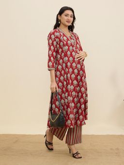 MomToBe - Women's Cotton Carmine Red Maternity Kurta and Trouser