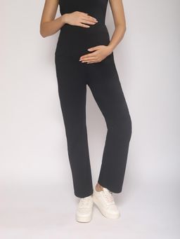 MomToBe - Women High Rise Straight Fit Black Maternity Track Pant