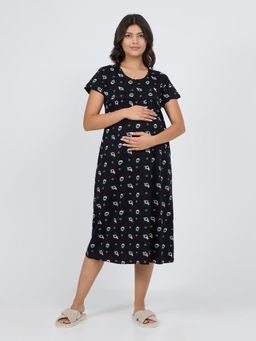 MomToBe - Women Ink Black Printed Short knitted Feeding Nighty