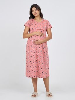 MomToBe - Women Dusty Peach Printed Short knitted Feeding Nighty