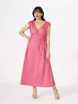 How When Wear - Pink Ruched Cotton Wide Plunging Neck Maxi Dress