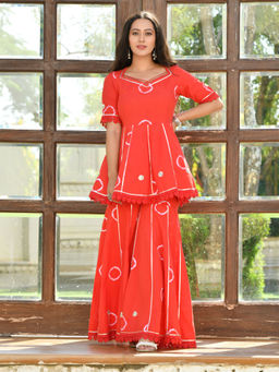 Mulmul - Souri Red Bandhani Sharara (Set of 2)