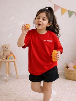 The Fit Theory - Girls Oversized Boxy Red T-Shirt