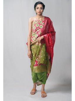 Unnati Silks - Unstitched Pink Pure Bandhani Cotton Salwar Kameez (Set of 3)